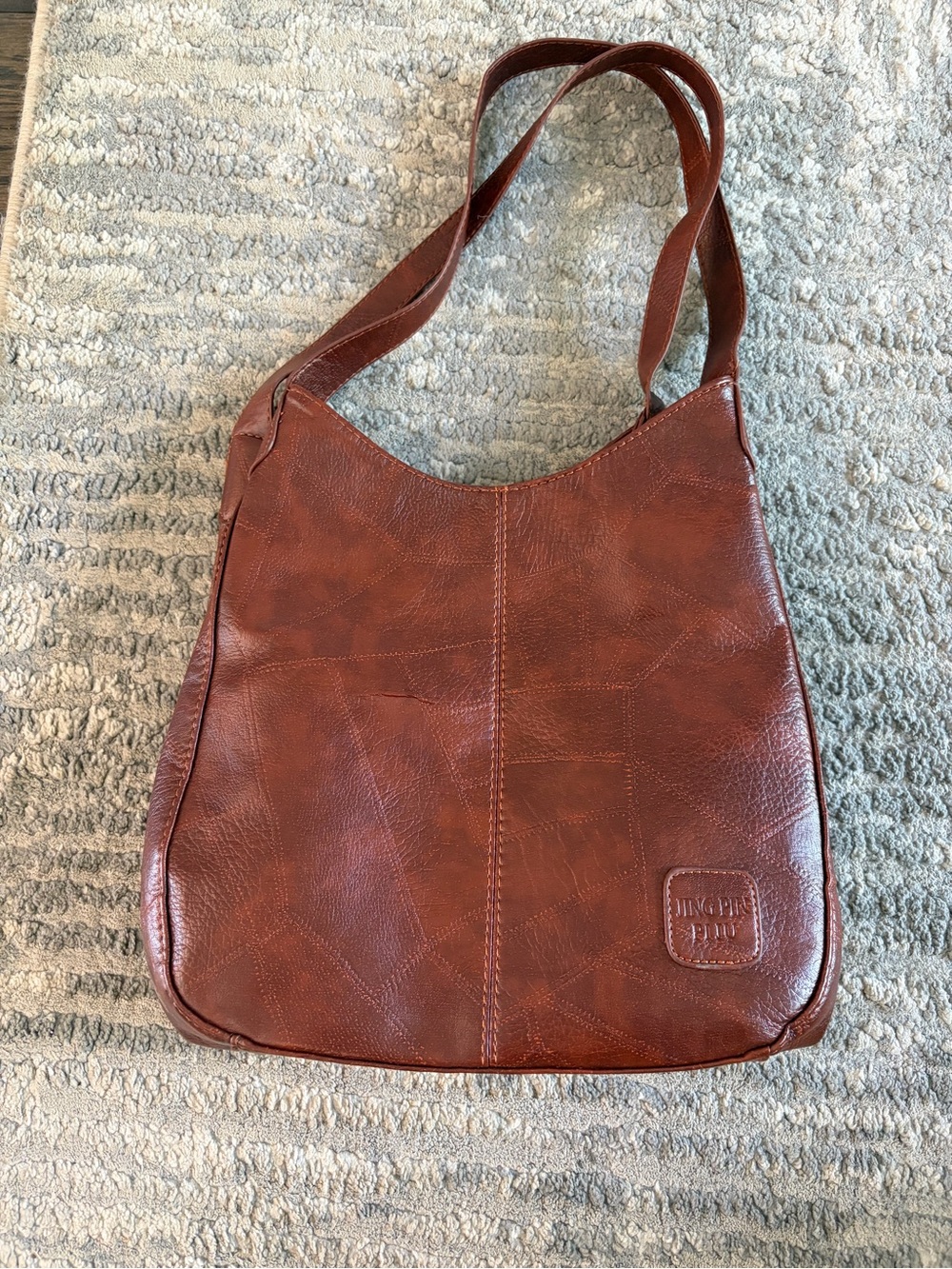 Brown Leather Shoulder Tote with Subtle Embossed Logo